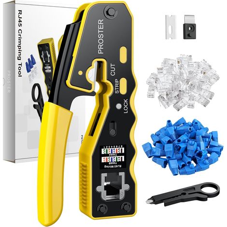 Proster RJ45 Through Cat6 Crimping Pliers - RJ45 Ethernet Plier Kit, RJ45 Pass Through Crimping Tool Compatible Cat5e Cat6 Cat6A, Clear Information for Network Installation (1/5)