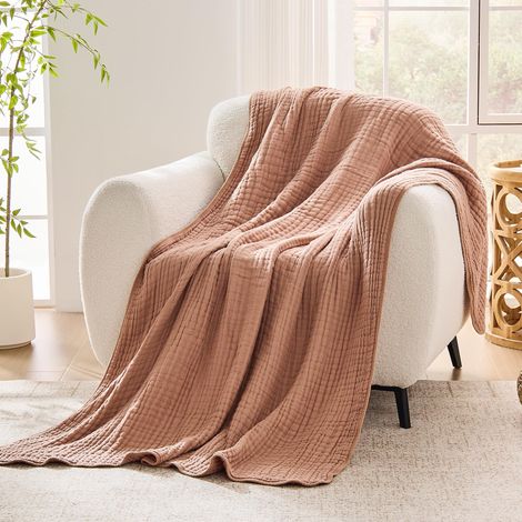 Couvre-lit en mousseline - 127 x 152 cm - 100 % coton - 6 couches - Couverture d'été douce et légère - Jeté de lit - Couverture en coton pour canapé et lit - Café (1/5)