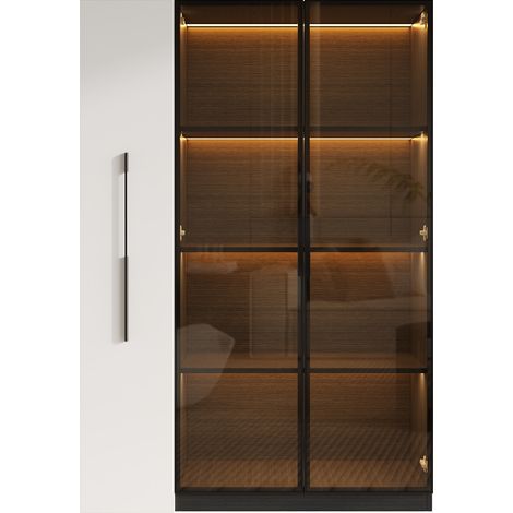 Armoire multifonction 110,5×35×160 cm - vitrine avec porte en verre et LED, coulissant latéral, meuble sur roulettes - design blanc et noir, armoire haute au style moderne, bibliothèque, meuble de sal (1/5)