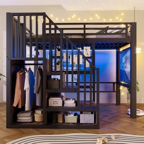 Lit superposé - LED - 90x200 cm - Rangements, charge 120 kg - Métal - Noir (1/5)