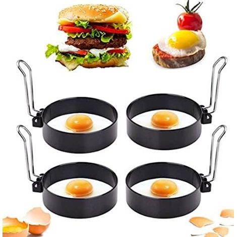 MINKUROW Eierringe aus Edelstahl, Spiegeleiformen, Antihaft-Eierringe mit Klappgriffen, runde Eierringe zum Kochen von Spiegeleiern/Pfannkuchen/Omeletts und mehr (S (7,6 cm x 2,1 cm)), Schwarz (4 Stüc (1/5)