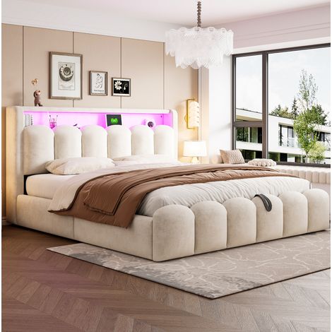 Letto matrimoniale 180x200 cm in velluto beige con contenitore, senza materasso – MEUBLIV (1/5)