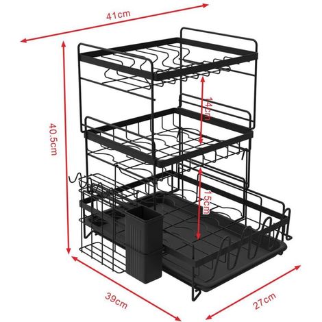 Égouttoir à vaisselle,Organiseur de cuisine empilable à 3 niveaux avec support et planche d'égouttement pour économiser de l'espace sur les comptoirs Noir (1/5)