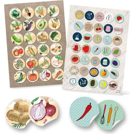 Autocollants Fruits Et Legumes - 59 Pièces - 4 cm Et 3 cm - Pour Livres De Recettes Cuisine Bricolage Scrapbooking - Lot