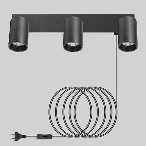 Applique Murale avec Prise et Interrupteur 3 Spots GU10, Noir Lampe de Chevet Murale, Moderne Tourner 350°, Lampe Murale pour Chambre Salon Couloir Peinture Murale, Sans Ampoules (1/5)