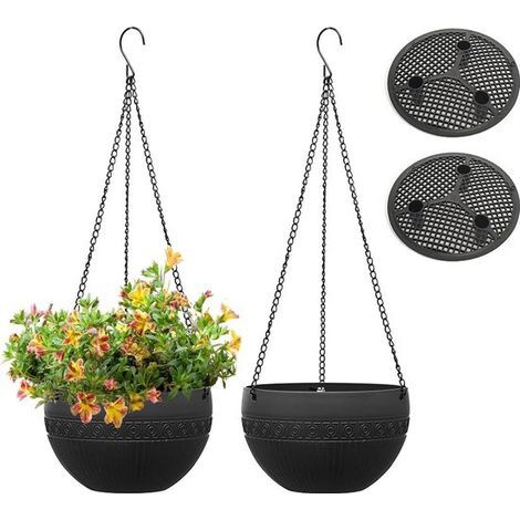 Deux pots de fleurs suspendus d'extérieur avec trous de drainage, pots à arrosage automatique avec chaînes en acier inoxydable, adaptés à une utilisation intérieure et extérieure, noirs, 21 cm. Noir (1/2)
