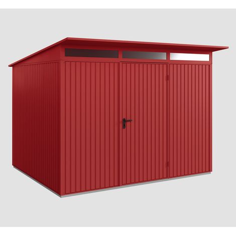 Hörmann Ecostar Metall-Gerätehaus Trend mit Pultdach Typ 3, 313 x 283 cm, purpurrot, 7,2 m², 1-flüglige Tür