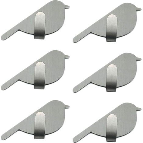 Ganci portasciugamani adesivi da parete, design a forma di uccello, acciaio inossidabile, per bagno e cucina, 6 pezzi, non richiedono foratura (argento) (1/5)