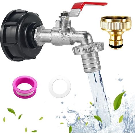 Robinet de réservoir de stockage d'eau 1000L, adapté au réservoir d'eau de pluie IBC, robinet de collecte d'eau de pluie (3/4 pouce), accessoires robinet en alliage 3/4 + mamelon en cuivre complet (1/4)