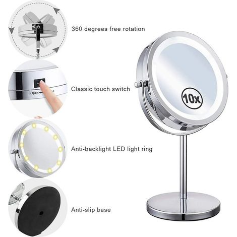 360° Rotating Lighted Makeup Mirror, Double Sided 10x Magnifying Cosmetic Mirror with Stand SHAR (1/5)