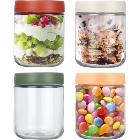 Lot de 4 bocaux en verre pour porridge du lendemain - Couvercle hermétique - Convient pour le porridge du lendemain et autres aliments - 500 ml (1/5)