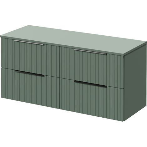 Helix 460 Fluted Satin Green 1200mm Wall Mounted 4 Drawer Vanity Unit for Countertop Basins