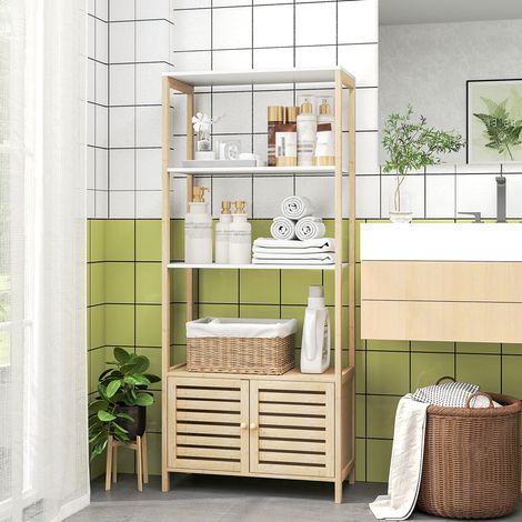 Säulen-Badezimmerschrank aus Bambus mit 3 Ablagen und 1 Schrankfach, 63 x 30 x 138 cm, Naturholz und Weiß