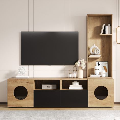 Meuble TV 185×22×162cm avec espace pour chat, rangements, étagère haute et ouvertures rondes, design moderne pour salon, noir, naturel (1/5)