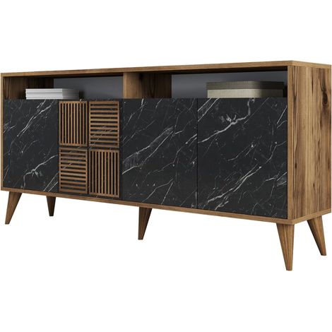 Sideboard Thuile, Kommode mit 2 Regalen, 4 Türen, 6 Fächern, 160x35x78h cm Schwarz Marmor