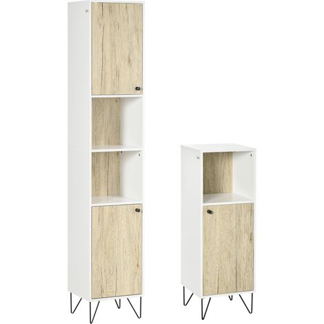 kleankin Set Mobiletto Bagno e Colonna Bagno in Legno con Ripiani e Armadietti
