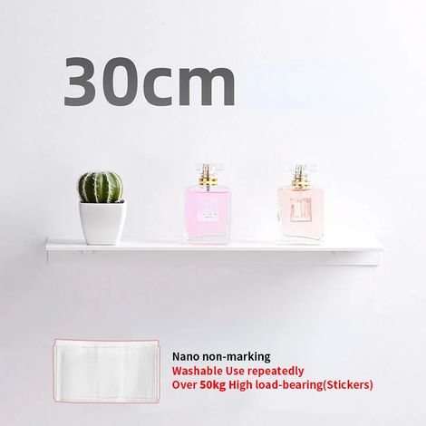 (Blanc - 30 cm) Petite étagère murale flottante blanche sans perçage pour salle de bain, porte-shampoing et accessoires de cuisine. (1/5)