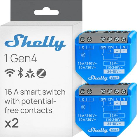 Shelly 1 Gen4 confezione da 2 - interruttore relè 1x 16A (WiFi, Bluetooth, Zigbee, Matter) (1/5)