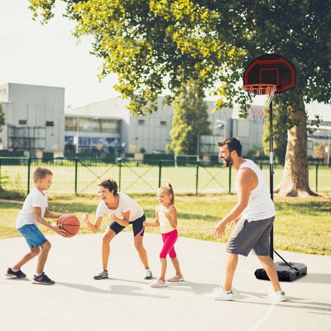 Panier de basket extérieur avec barre arrière, base lestée sur roues, hauteur réglable 2,1-2,6 m (panier) (1/5)