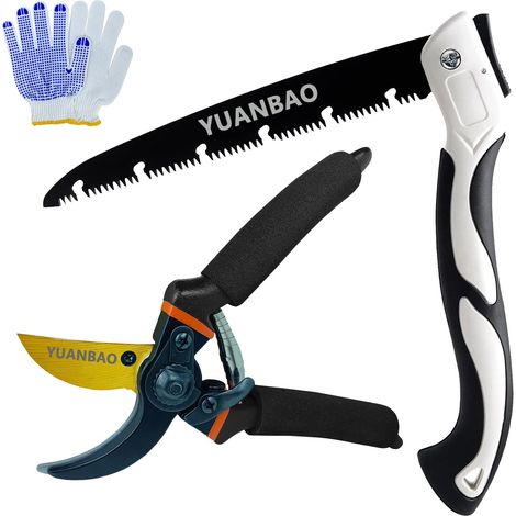 Kit d'élagage de jardin, sécateur bypass de 21,6 cm + scie à main pliable de 25,4 cm + gants adhésifs en coton, sécateurs de jardin de précision, coupe-plantes, ciseaux de jardinage (1/5)