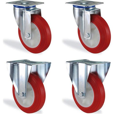 Lot roulettes pivotantes et fixe polyuréthane rouge diamètre 80mm charge 375kg