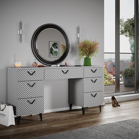Schminktisch Anett, Grau, 150 cm ohne Spiegel, mit 7 Schubladen, Vicco