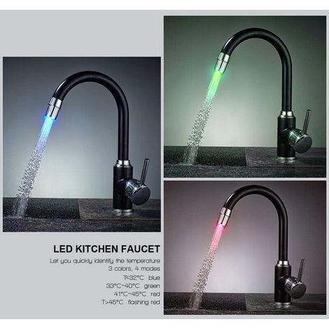 Schwarz lackierte Einloch-Mischbatterie mit LED-Beleuchtung, geeignet für Küchenspülen, Waschbecken, Warm- und Kaltwasserhähne, drehbar, 8001-A6 schwarz.
