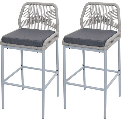 2er-Set Rope-Barhocker HHG-988, Outdoor Sitzpolster Seilgeflecht Metall hellgrau, Kissen dunkelgrau