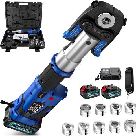 60kN Kit d'outils de Sertissage Electriques Alimentés avec 2 batteries 5,0 Ah, pince à sertir Presse, avec Contour TH (TH16, TH20, TH26, TH32) et contour V (V12, V15, V18, V22, V28), Bleu (1/5)