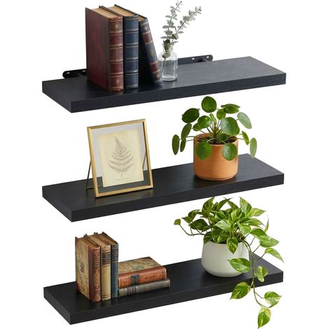 Set 3 mensole da parete Relaxdays, HxLxP: 4 x 80 x 23 cm, effetto legno, metallo, per soggiorno, ingresso, cucina, nero