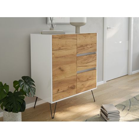 Design Sideboard Kommode Rauk 80cm 3 Greifraum SoftClose 1 Tür Weiß/Eiche Front (1/5)