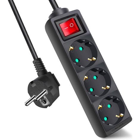 Multiprise avec 3 prises et interrupteur, câble 3M pour la maison, le bureau et les voyages, MAX 3680W, 16A, 250V, noir, 1pc (1/5)