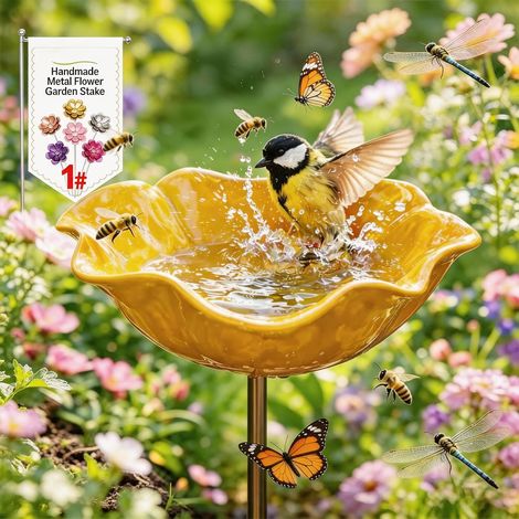 Vaschetta per uccelli in metallo con fiori, spiedini da giardino fatti a mano, vaschetta per uccelli resistente all'inverno e acqua per insetti, vaschetta per uccelli da giardino e patio 1 pezzo (1/5)
