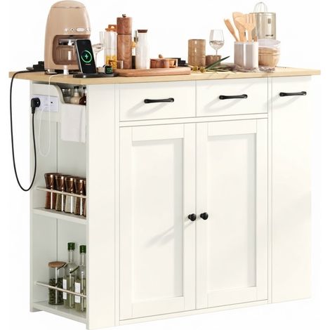 ELVMI Kücheninsel mit Klappbarer Arbeitsplatte, 2 Hockern, USB und USB-C, Verstellbaren Einlegeböden, 120 x 45-75 x 96 cm (1/5)