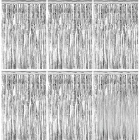 6 Rideau Métallique Argenté à Franges, 1m x 2m Rideau Métallique Tinsel, Rideau Anniversaire avec Adhésif Double Face Décoration Brillante pour Photos de Fête Champagne Or Mariage Fêtes (1/5)