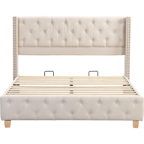 Lit rembourré 160200cm avec sommier à lattes et tête de lit, capitonnage à boutons, capitonnage à rivets, pieds en bois, lin, beige (1/5)
