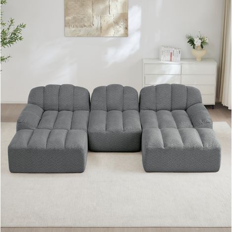 Divano modulare grigio a 3 posti con 2 pouf, in pile granulato e schiuma ad alta densità (1/5)
