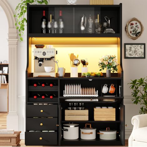 Mueble alto de cocina 120x40x180 cm con LED RGB y puertas correderas de vidrio, negro DESVIAE (1/5)