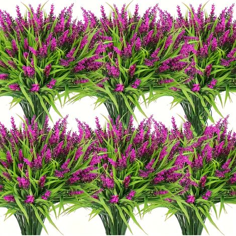 Bouquet of 6 Decorative Artificial Outdoor Flowers, Artificial Lavender, UV-Resistant, for Indoor Decor — Red-Violet
