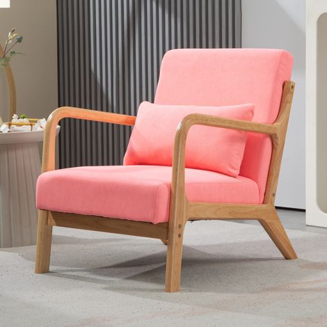 Butaca Nórdica Sillón de Salón Acolchado con Reposabrazos Cojín y Marco de Madera de Caucho 61x78x76 cm Rosa (1/5)