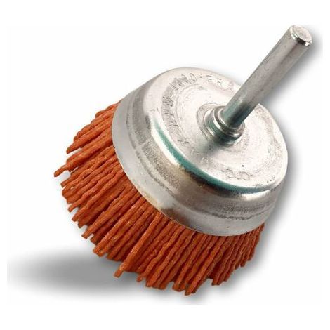 Brosse rotative métallique coupe Ø 75 mm Sur tige Ø 6 mm Fil nylon abrasif grain 80 Pour perceuse ou visseuse à mandrin (1/5)