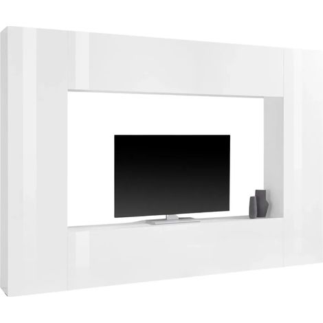 Parete Soggiorno Attrezzata Bianco Lucido Porta TV Pensile Vasistas (1/4)