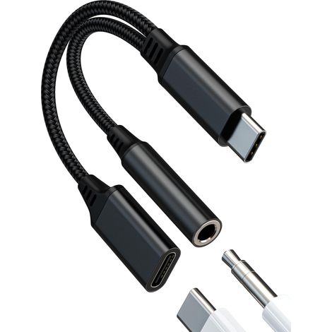 Adaptateur audio USB C vers AUX (2 en 1) pour 3,5 mm casque microphone jack et câble de charge type C répartiteur jack DAC casque de voiture compatible avec charge Power pour (1/5)