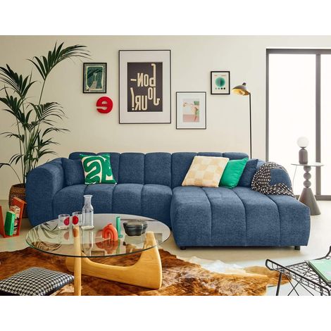 Lisa Design – Canapé d'angle droit 4 places en tissu texturé bleu – Rembourrage généreux – Coutures tendance – Fabrication européenne