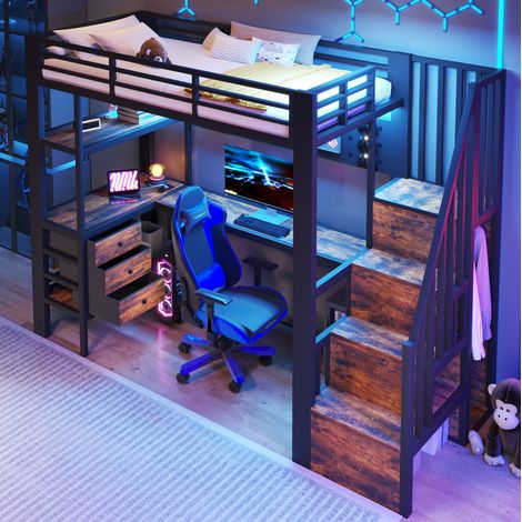 DESVIAE Lit mezzanine 90 x 200 cm avec bureau rangement étagères 3 tiroirs panneau perforé escalier de rangement prise et éclairage LED noir (1/5)