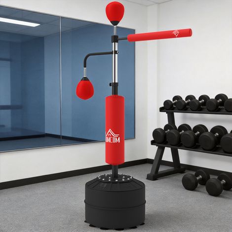 Sac de frappe sur pied 4 en 1 punching ball autonome balles de vitesse barre rotative gants 88 x 50 x 160-230 cm rouge (1/5)