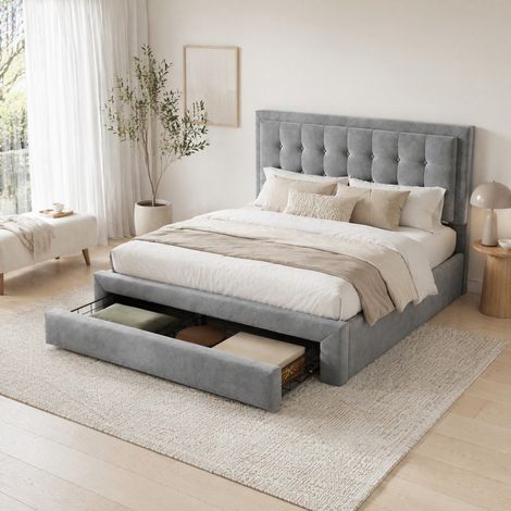 Letto contenitore 140 x 200 cm in velluto, con cassetti e testiera regolabile, grigio HAVRYA (1/5)