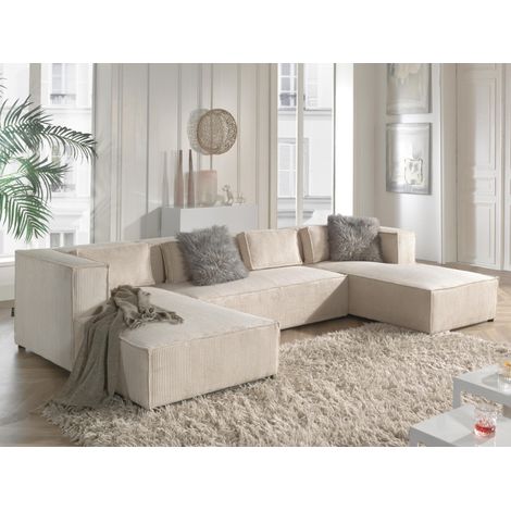 Lisa Design – Canapé d'angle panoramique 7 places – Revêtement velours côtelé 100 % polyester – Dimensions L327xH64xP176 cm – Confort optimal avec 4 coussins décoratifs (1/5)