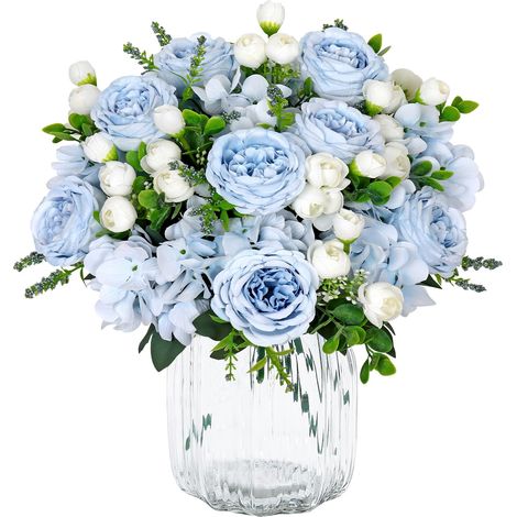 2 bouquets de pivoines artificielles, pivoines artificielles bleues en soie, fausses pivoines, pivoines artificielles en hydrangea pour centre de table, décoration de mariage, décoration de (1/5)