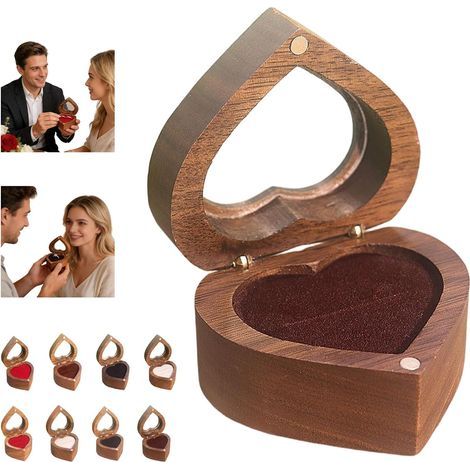 Caja individual para anillos de nogal, ideal para pedidas de mano, compromisos, bodas y aniversarios. Con soporte magnético de madera de estilo retro. Interior suave y aterciopelado. Caja de almacenam (1/5)